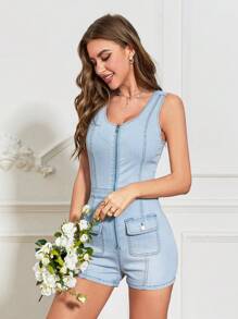 SHEIN Privé Zip Up Flap Pocket Denim Romper - Light Wash - View 6