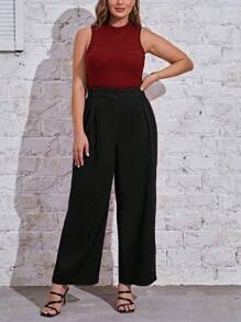 SHEIN Essnce Plus Solid Wide Leg Pants - Black - View 4