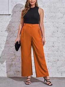 SHEIN Essnce 大碼素色闊腿褲 - 亮橙色 - 查看 1