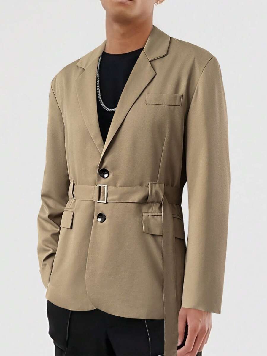 Manfinity Homme Men Lapel Neck Belted Blazer - Camel - View 1