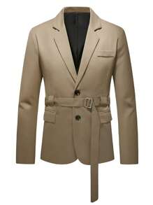 Manfinity Homme Men Lapel Neck Belted Blazer - Camel - View 3