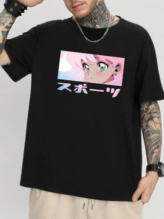 Men Cotton Cartoon & Japanese Letter Graphic Tee
