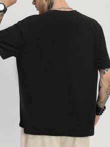 男士棉卡通和日文字元圖案T恤 - 黑色 - 查看 2