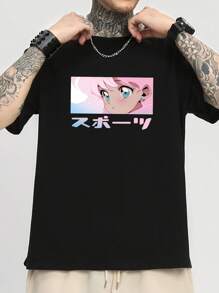 男士棉卡通和日文字元圖案T恤 - 黑色 - 查看 3