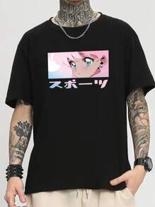 男士棉卡通和日文字元圖案T恤 - 黑色 - 查看 4