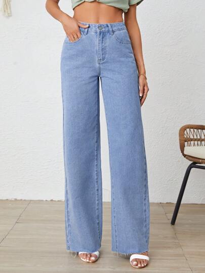 SHEIN Tall Solid Raw Hem Jeans Wide Leg Jeans