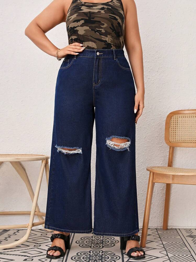 SHEIN LUNE מידות גדולות ג'ינס קרוע רגל רחבה - כהה שטוף - ראה 3