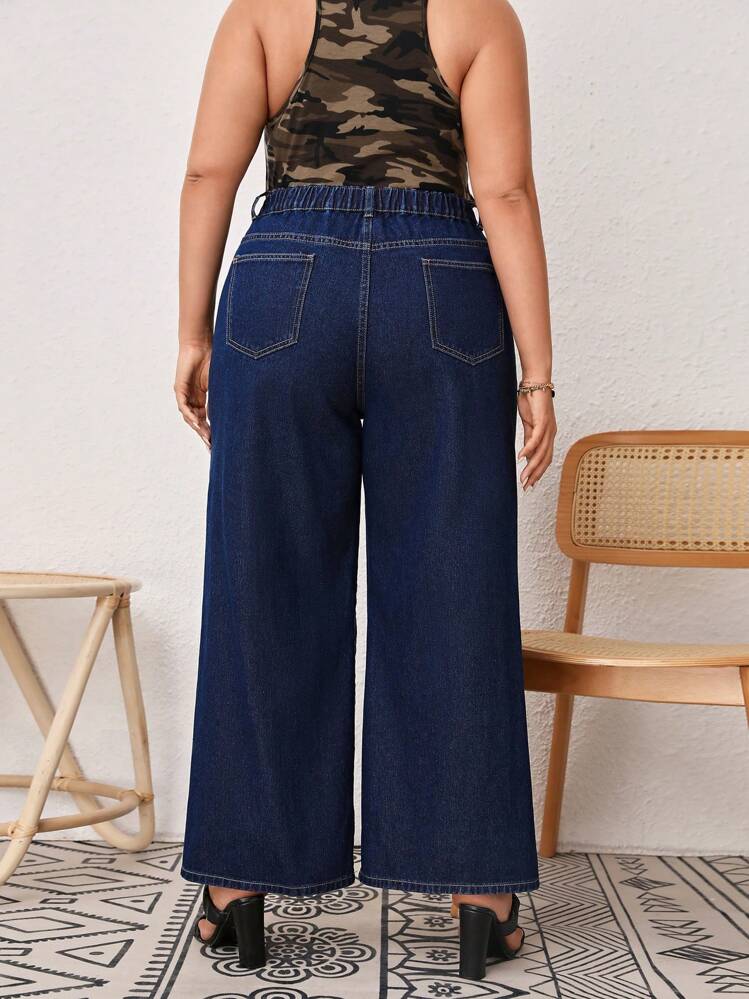 SHEIN LUNE מידות גדולות ג'ינס קרוע רגל רחבה - כהה שטוף - ראה 4