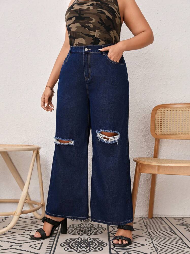 SHEIN LUNE מידות גדולות ג'ינס קרוע רגל רחבה - כהה שטוף - ראה 2