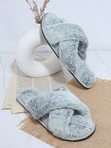 SHUZIA Fuzzy Crisscross Vamp Slippers - Light Grey - View 2
