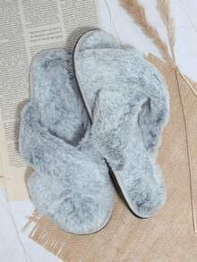 SHUZIA Fuzzy Crisscross Vamp Slippers - Light Grey - View 3