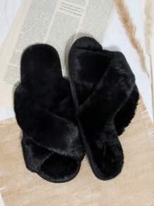 Fuzzy Crisscross Vamp Slippers - Black - View 4