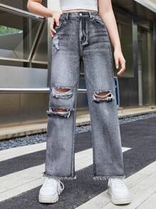 SHEIN 青少年女孩破洞毛邊直筒牛仔褲 - 深灰色 - 查看 1