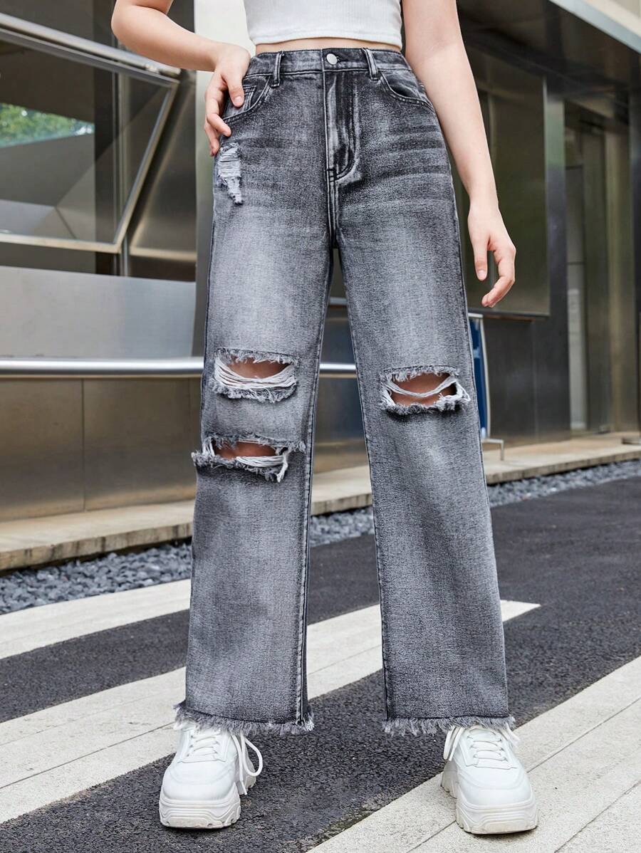SHEIN 青少年女孩破洞毛邊直筒牛仔褲 - 深灰色 - 查看 1