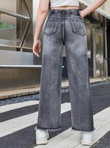 SHEIN 青少年女孩破洞毛邊直筒牛仔褲 - 深灰色 - 查看 2