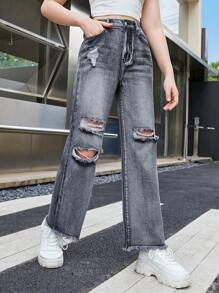 SHEIN 青少年女孩破洞毛邊直筒牛仔褲 - 深灰色 - 查看 3