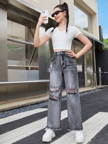 SHEIN 青少年女孩破洞毛邊直筒牛仔褲 - 深灰色 - 查看 4