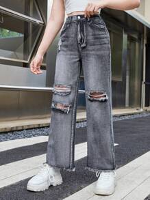 SHEIN 青少年女孩破洞毛邊直筒牛仔褲 - 深灰色 - 查看 5