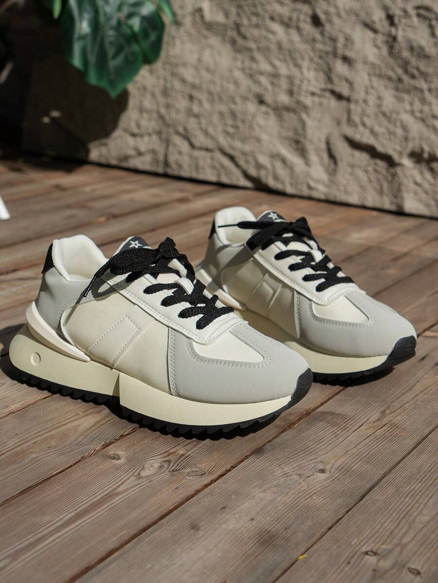 女士圆头舒适防滑系带拼接休闲运动跑步鞋 - 白色 - 查看 1