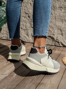 女士圆头舒适防滑系带拼接休闲运动跑步鞋 - 白色 - 查看 2