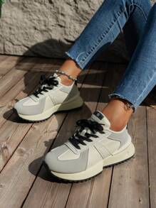 女士圆头舒适防滑系带拼接休闲运动跑步鞋 - 白色 - 查看 4