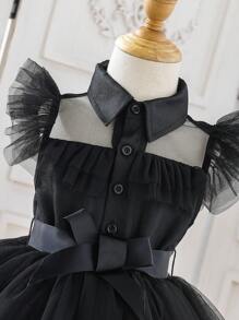 SHEIN Glamorique Kids 女小童荷葉邊網紗層疊下擺連衣裙 - 黑色 - 查看 5