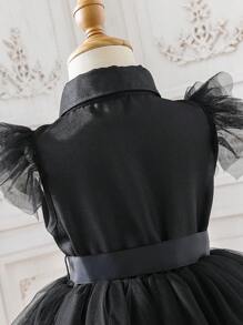 SHEIN Glamorique Kids 女小童荷葉邊網紗層疊下擺連衣裙 - 黑色 - 查看 7