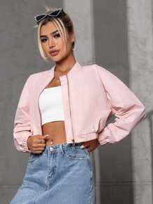 SHEIN EZwear 拉鏈開襟短款飛行員夾克 - 粉色 - 查看 3