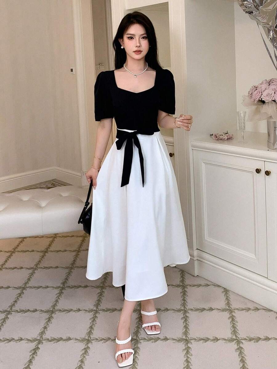 DAZY 撞色泡泡袖系带连衣裙，生日、新年、舞会礼服，优雅女士连衣裙，长款连衣裙 - 黑與白 - 查看 1
