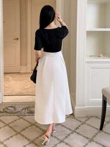 DAZY 撞色泡泡袖系带连衣裙，生日、新年、舞会礼服，优雅女士连衣裙，长款连衣裙 - 黑與白 - 查看 2