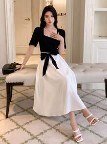 DAZY 撞色泡泡袖系带连衣裙，生日、新年、舞会礼服，优雅女士连衣裙，长款连衣裙 - 黑與白 - 查看 4