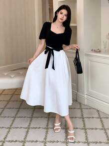 DAZY 撞色泡泡袖系带连衣裙，生日、新年、舞会礼服，优雅女士连衣裙，长款连衣裙 - 黑與白 - 查看 5