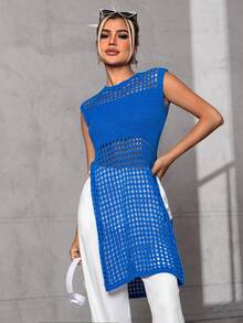 SHEIN Essnce Xu hướng: Cắt giảm Tách đùi Dệt kim chấm bi Áo len vest Không có áo ngực - Màu xanh lam - Xem 3