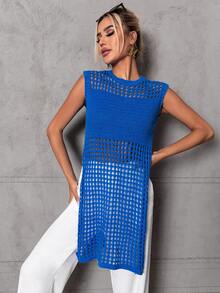 SHEIN Essnce Xu hướng: Cắt giảm Tách đùi Dệt kim chấm bi Áo len vest Không có áo ngực - Màu xanh lam - Xem 5