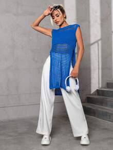 SHEIN Essnce Xu hướng: Cắt giảm Tách đùi Dệt kim chấm bi Áo len vest Không có áo ngực - Màu xanh lam - Xem 6