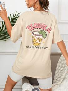 INAWLY Cartoon Graphic Drop Shoulder Tee