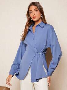 BizChic Camisa unicolor con botón delantero con nudo lateral bajo cruzado - Azul - Ver 3