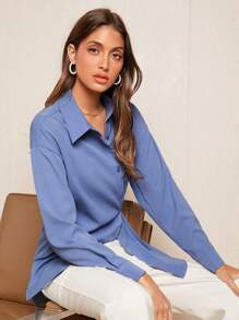 BizChic Camisa unicolor con botón delantero con nudo lateral bajo cruzado - Azul - Ver 5