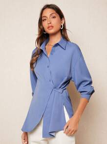 BizChic Camisa unicolor con botón delantero con nudo lateral bajo cruzado - Azul - Ver 9