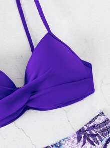 Tropical Print Push Up Bikini Set,Summer Beach - Purple - View 3