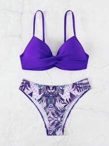 Tropical Print Push Up Bikini Set,Summer Beach - Purple - View 5