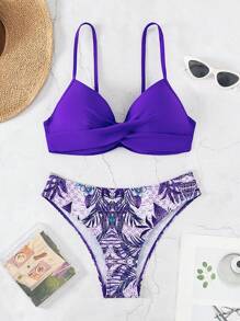Tropical Print Push Up Bikini Set,Summer Beach - Purple - View 6