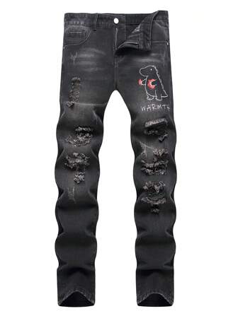口袋 拉鍊 破洞字母 卡通男士牛仔褲