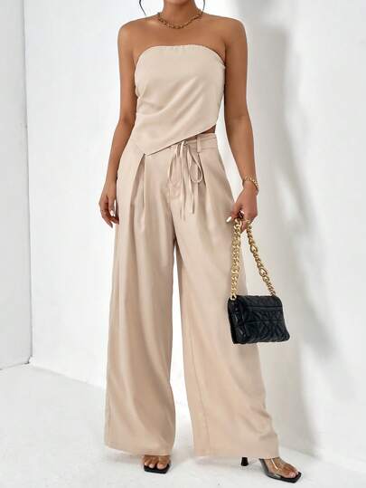 SHEIN Essnce 不對稱下擺抹胸上衣&闊腿褲