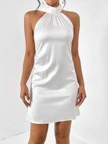 SHEIN Privé Solid Draped Backless Satin Dress Open Back Dress - White - View 4