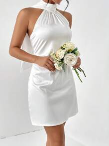 SHEIN Privé Solid Draped Backless Satin Dress Open Back Dress - White - View 5