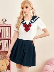 ROMWE J-Fashion Sailor Collar Blouse & Pleated Skirt, School - Blue and White - View 1