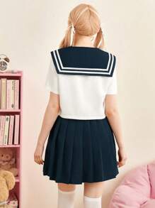 ROMWE J-Fashion Sailor Collar Blouse & Pleated Skirt, School - Blue and White - View 3