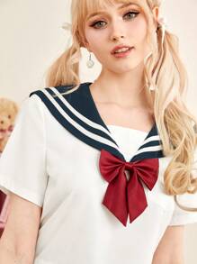 ROMWE J-Fashion Sailor Collar Blouse & Pleated Skirt, School - Blue and White - View 4