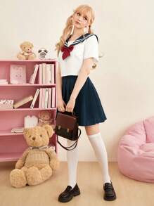 ROMWE J-Fashion Sailor Collar Blouse & Pleated Skirt, School - Blue and White - View 5
